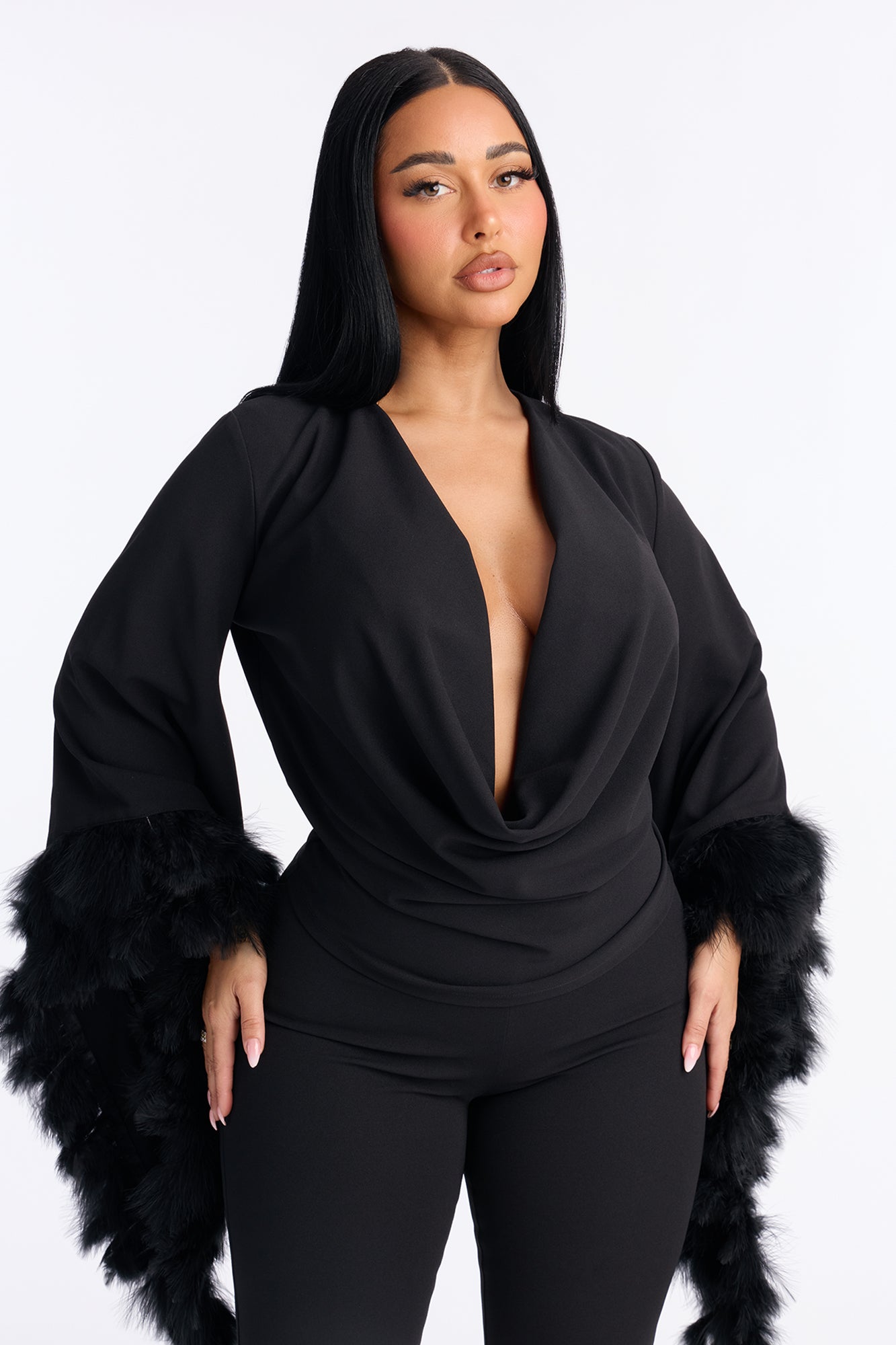 High Maintenance Drama Sleeve Feathered Pant Set - Black