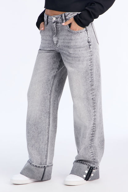 Forgive And Forget Cuffed Wide Leg Jeans - Acid Wash Grey