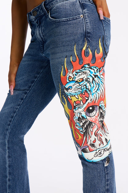 Ed Hardy Tiger Flame Bootcut Jeans - Vintage Wash