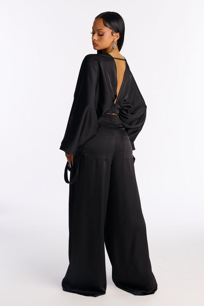 Farrah Satin Cargo Pant Set - Black