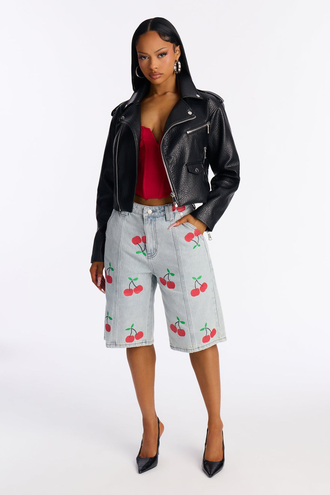 Cherry On Top Printed Denim Jorts - Light Wash