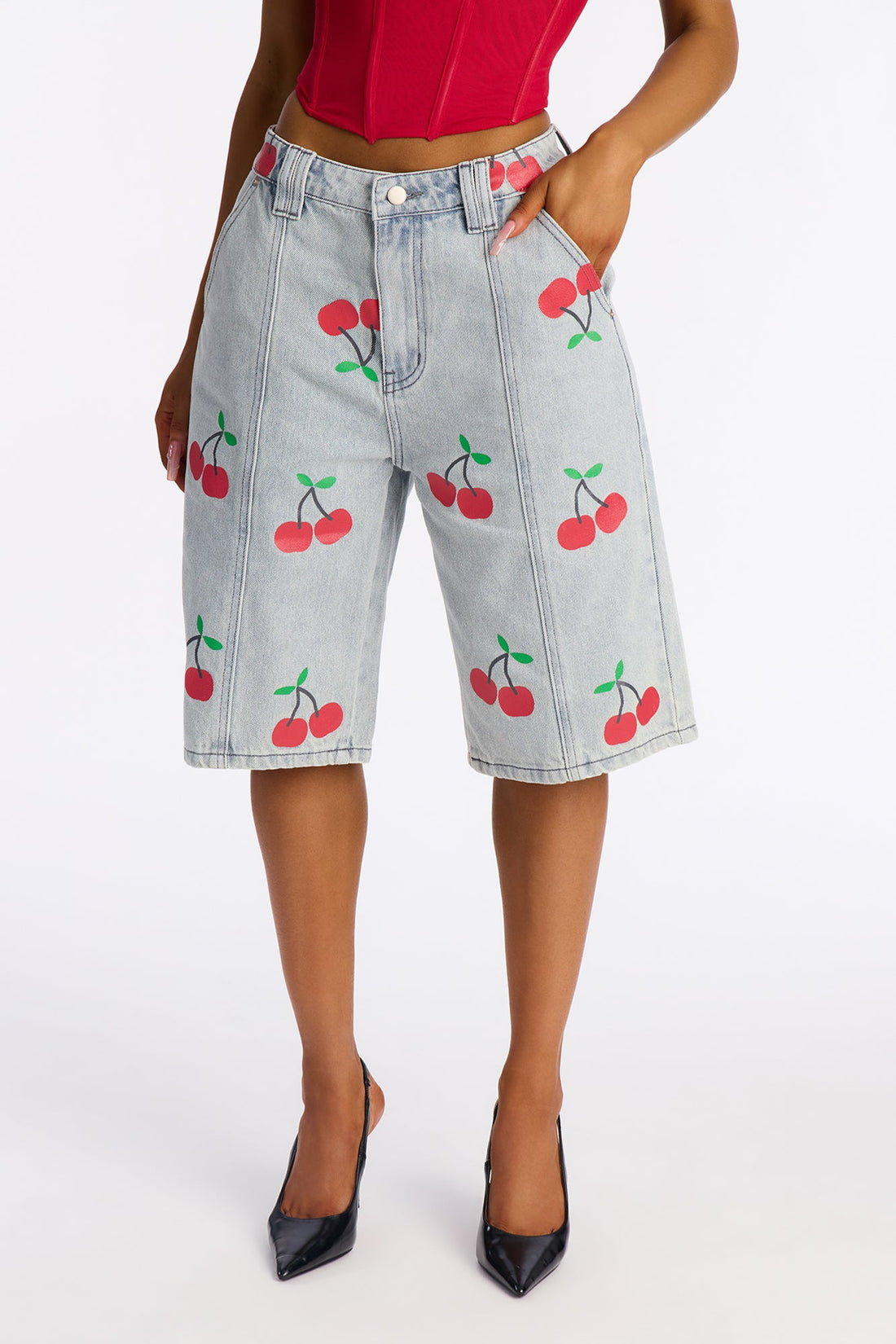 Cherry On Top Printed Denim Jorts - Light Wash