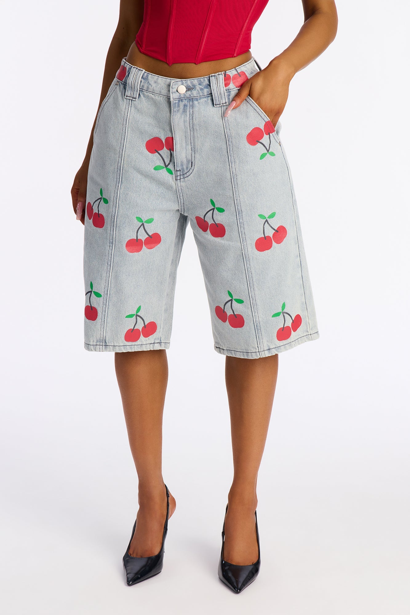 Cherry On Top Printed Denim Jorts - Light Wash