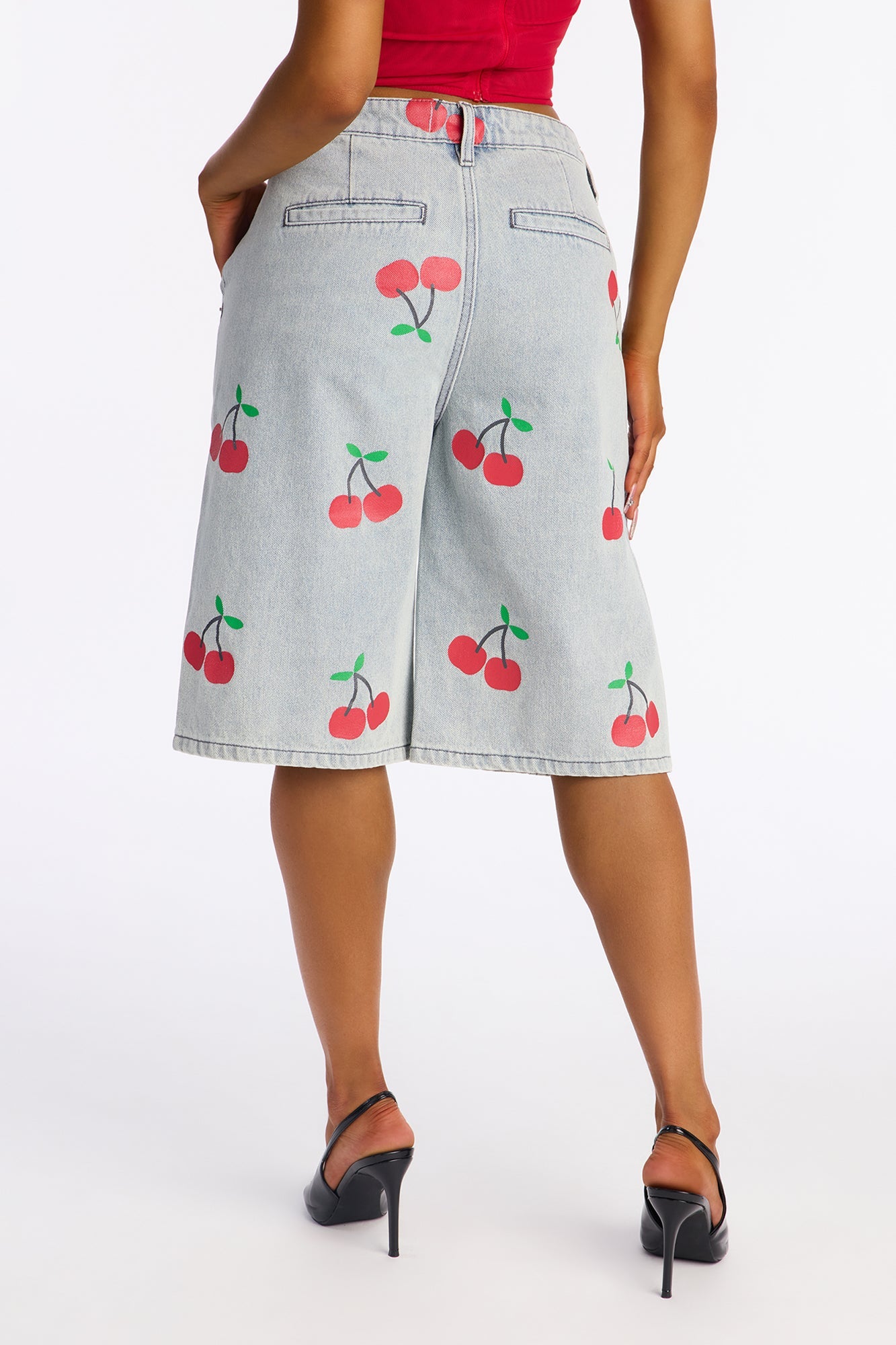 Cherry On Top Printed Denim Jorts - Light Wash