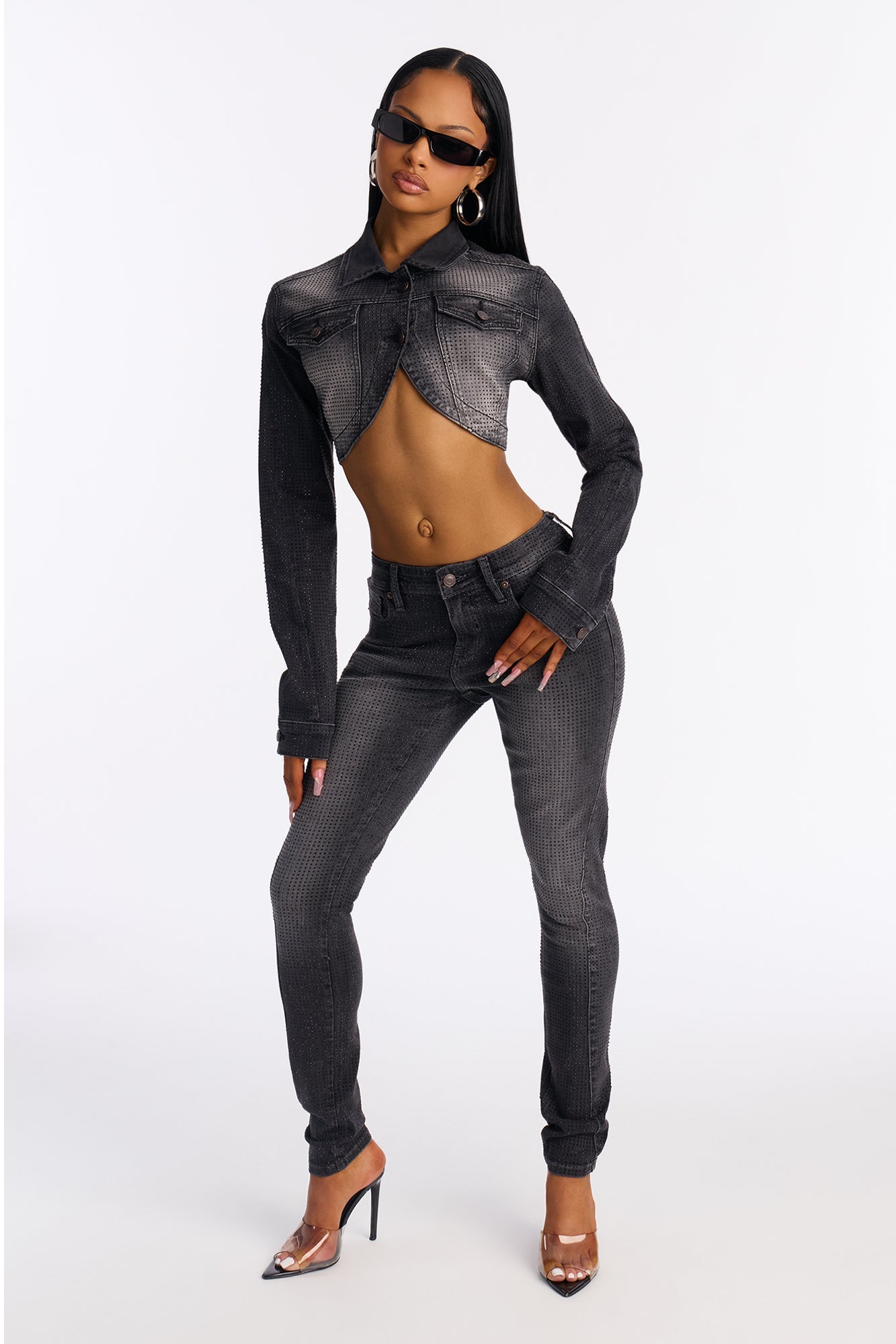 Ritzy &amp; Glitzy Embellished Denim Bolero Jacket - Black Wash