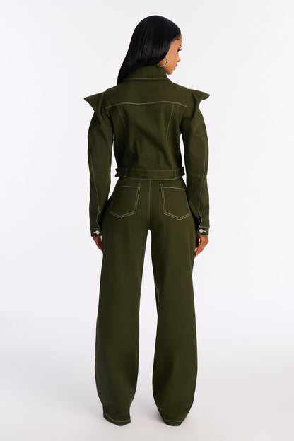 Celine Bold Shoulder Twill Pant Set - Olive