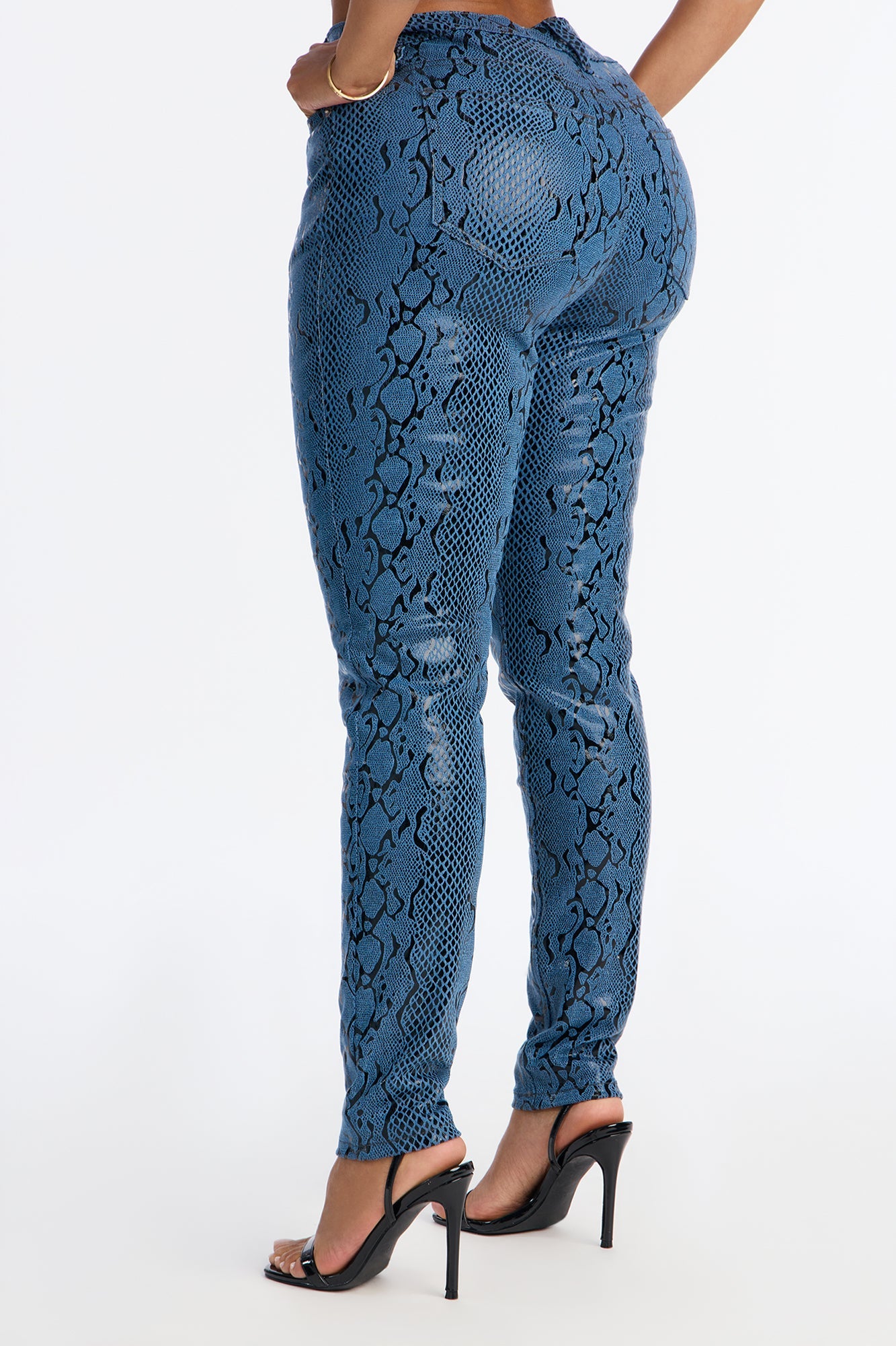 Sassy Snake Print Foil Skinny Jeans - Blue/Black
