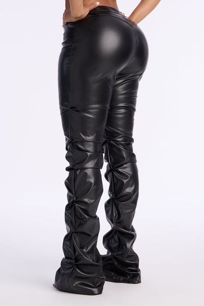 Kendra Faux Leather Stacked Pant - Black