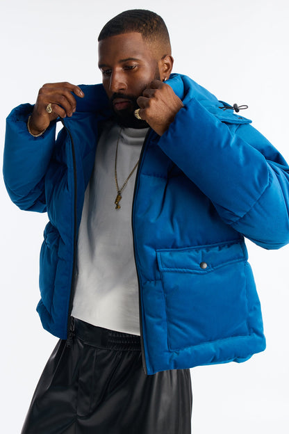Cropped Hooded Velvet Classic Puffer Jacket - Blue