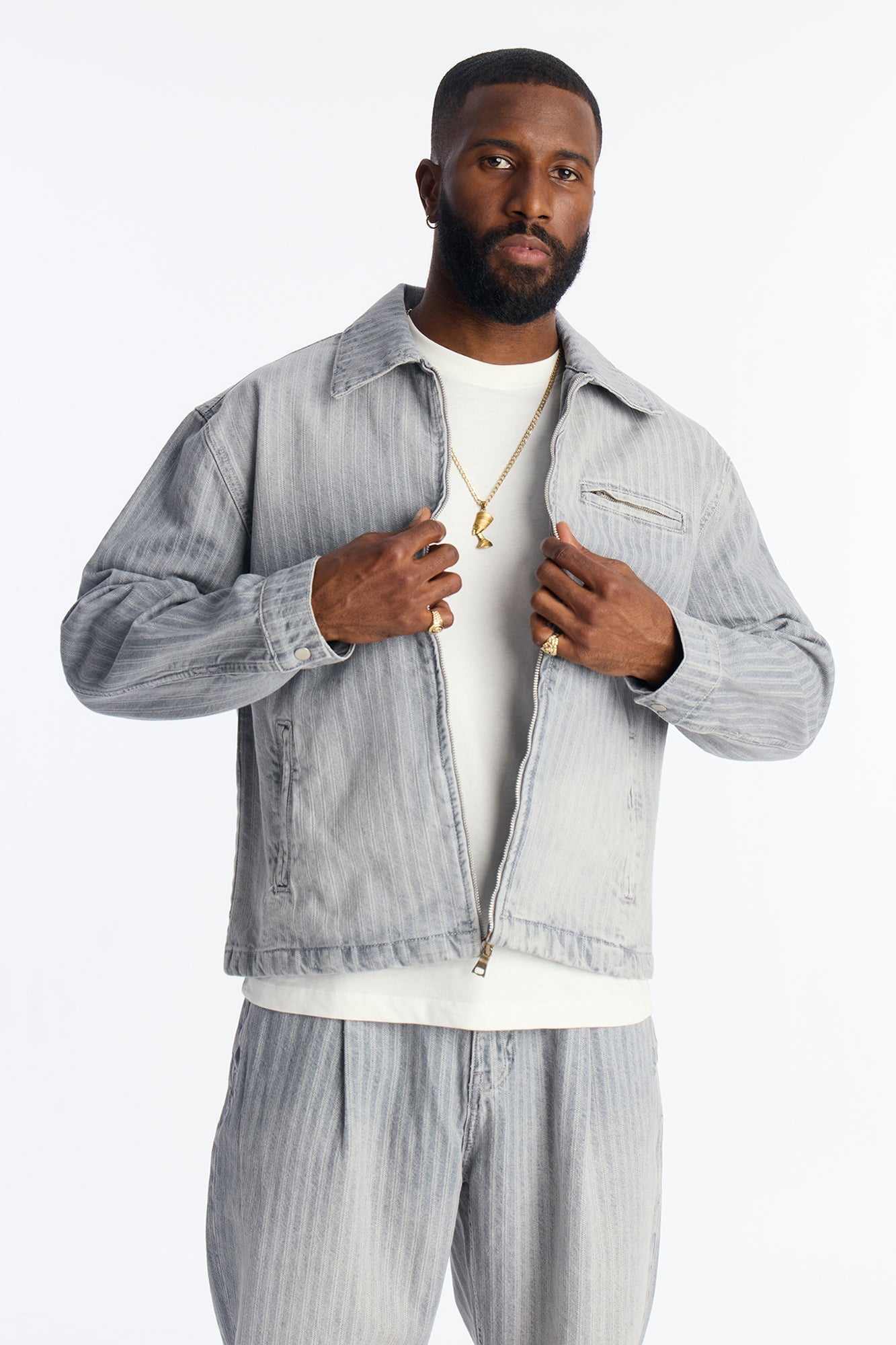 Cropped Subtle Stripe Denim Work Jacket - Grey