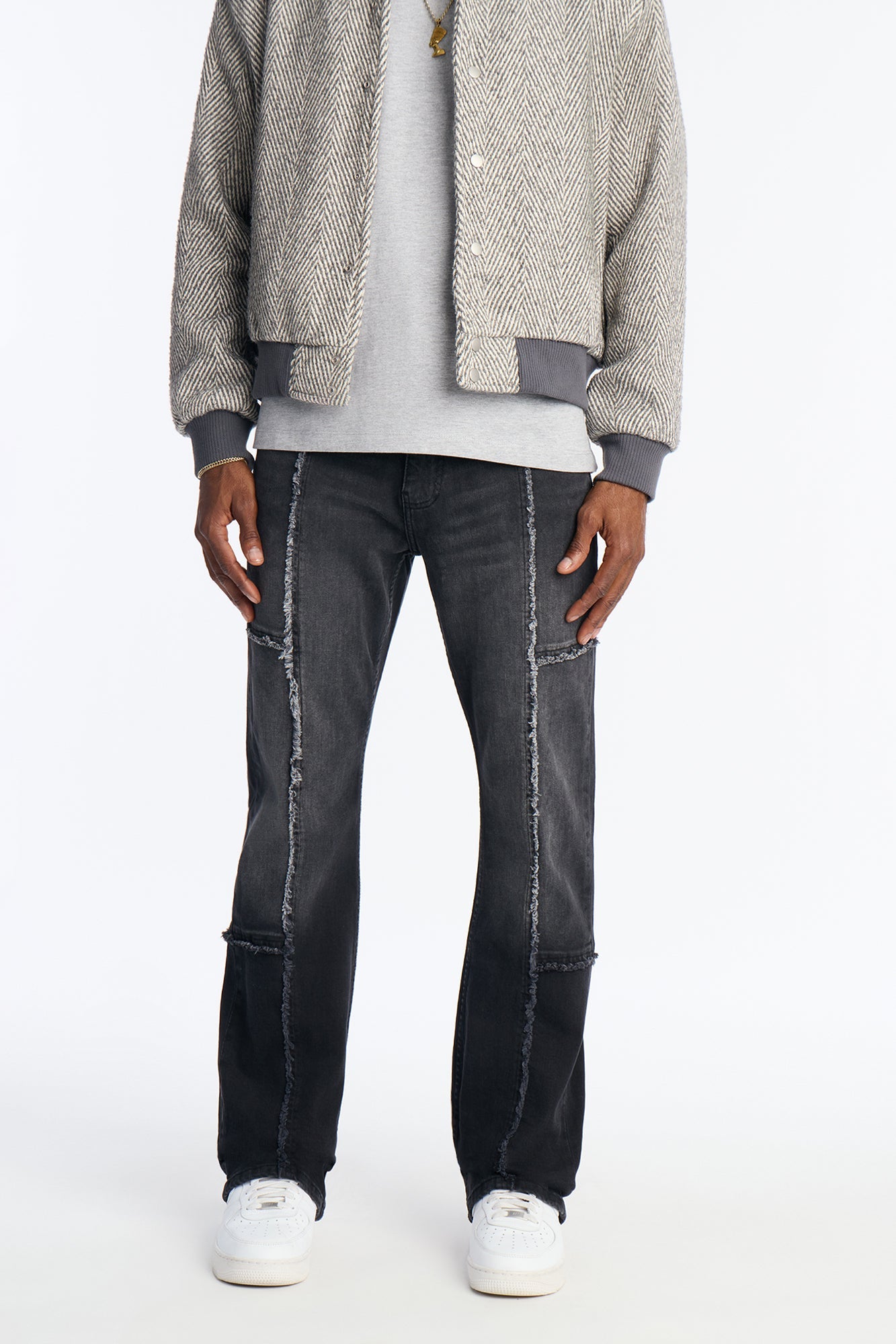 Stacked Skinny Flare Frayed Along Panel Jean - Black Wash