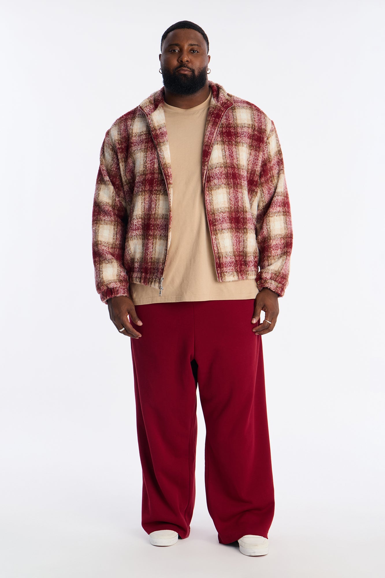 Relaxed Faux Wool Plaid Cozy Bomber Jacket - Burgundy