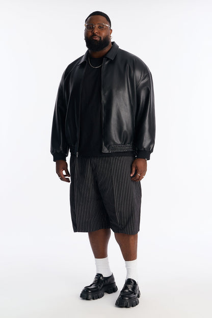 Deep Double Pleated Striped Trouser Short - Black