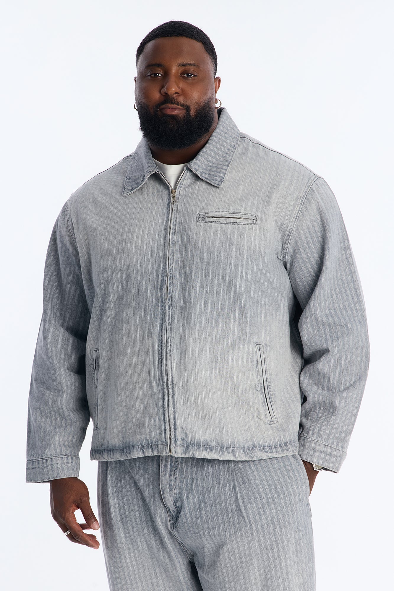 Cropped Subtle Stripe Denim Work Jacket - Grey