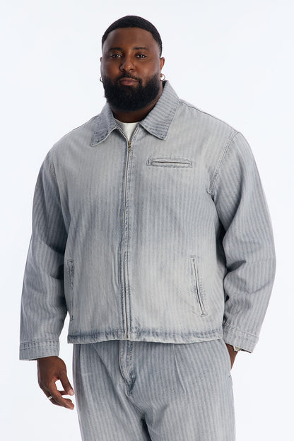 Cropped Subtle Stripe Denim Work Jacket - Grey