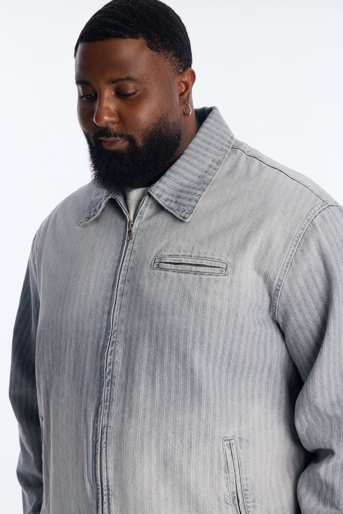Cropped Subtle Stripe Denim Work Jacket - Grey