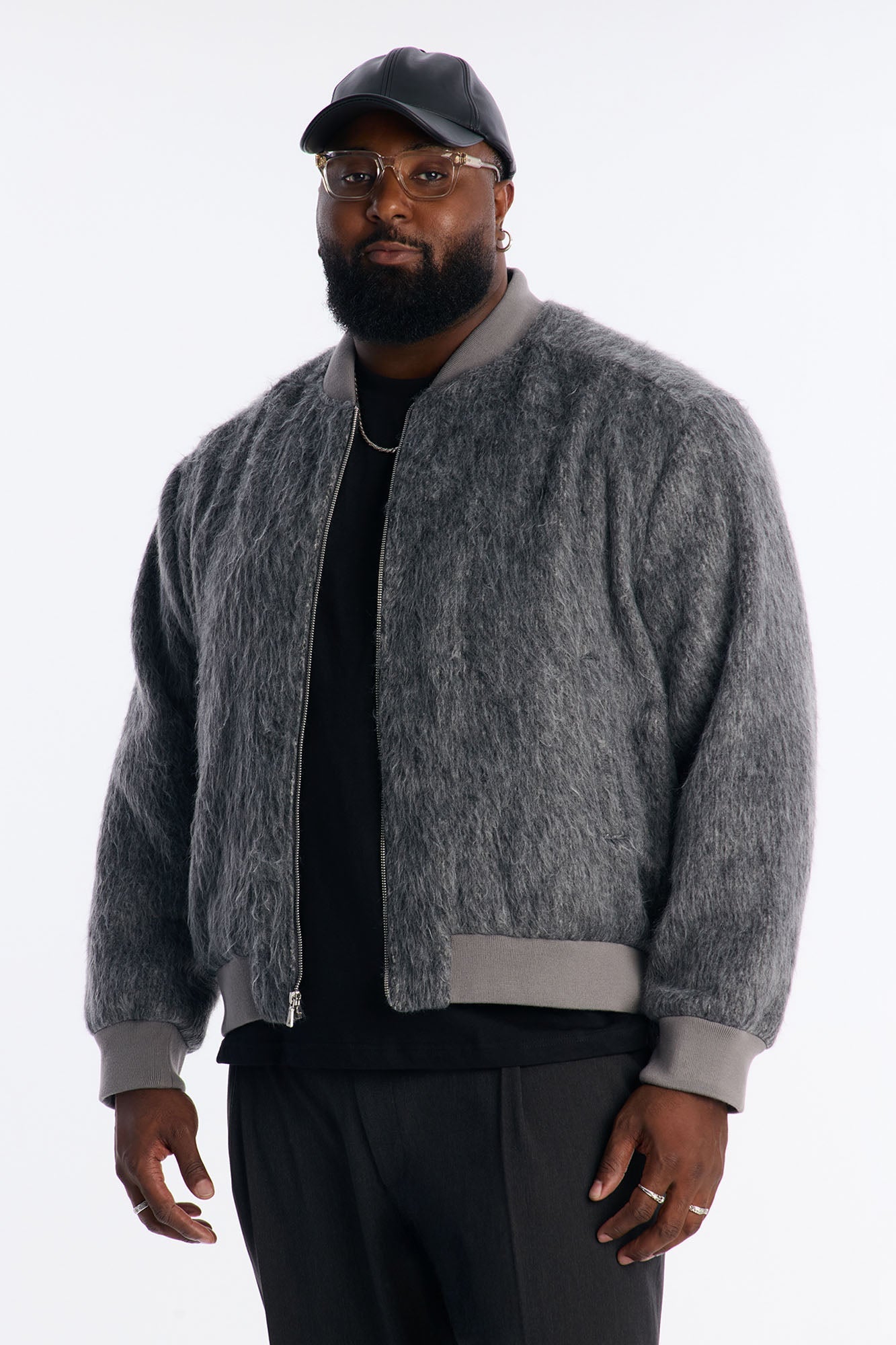 Relaxed Textured Mohair Bomber Jacket - Grey