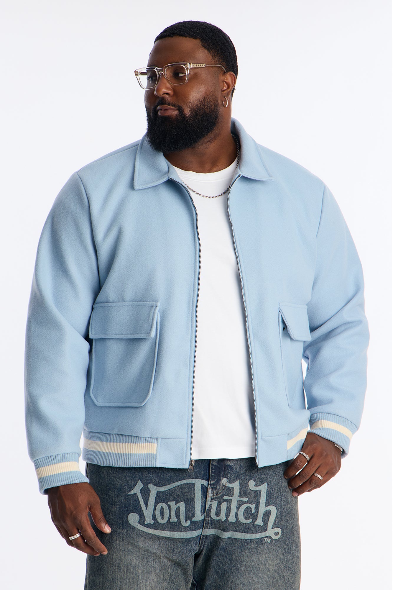 Retro Rib Wool Varsity Jacket - Light Blue