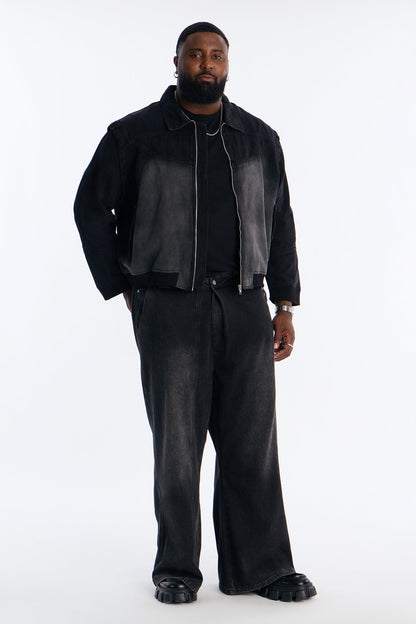 Paneled Denim Bomber Jacket - Black Wash