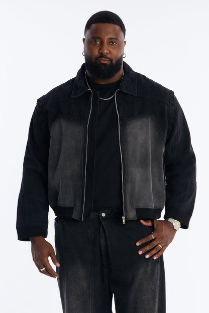 Paneled Denim Bomber Jacket - Black Wash