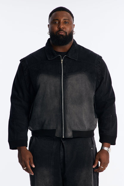 Paneled Denim Bomber Jacket - Black Wash