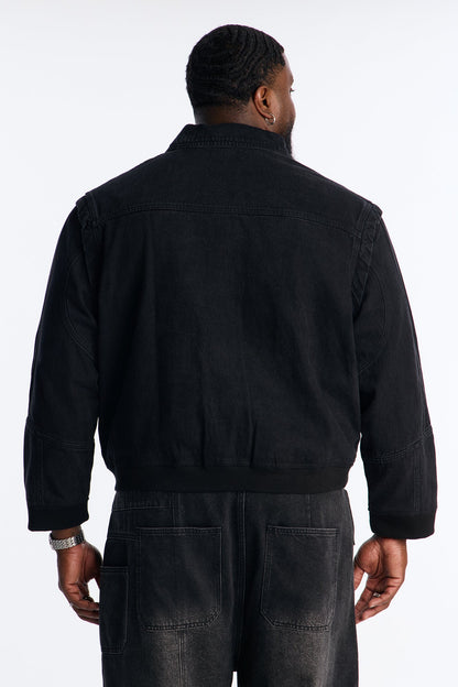 Paneled Denim Bomber Jacket - Black Wash