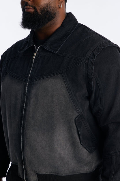 Paneled Denim Bomber Jacket - Black Wash