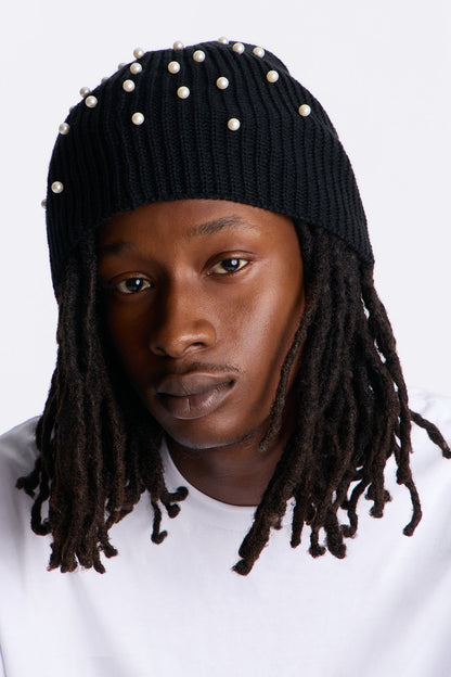 Pearl Embellishment Skull Fit Knit Beanie - Black