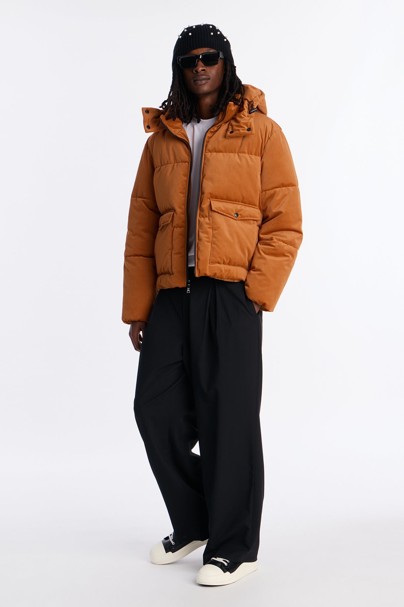 Cropped Hooded Velvet Classic Puffer Jacket - Brown