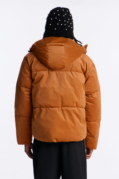 Cropped Hooded Velvet Classic Puffer Jacket - Brown