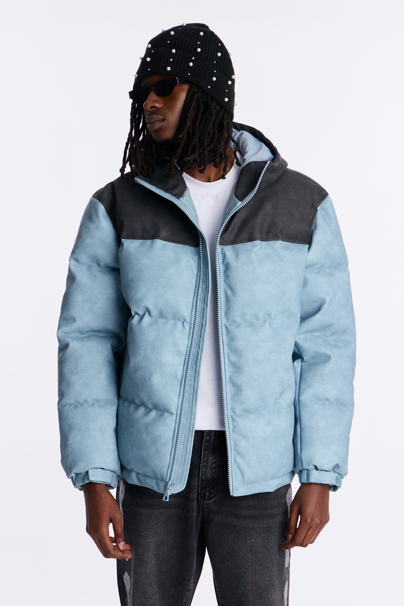 Oversized Hooded Unstoppable Faux Leather Embroidered Puffer Jacket - Blue