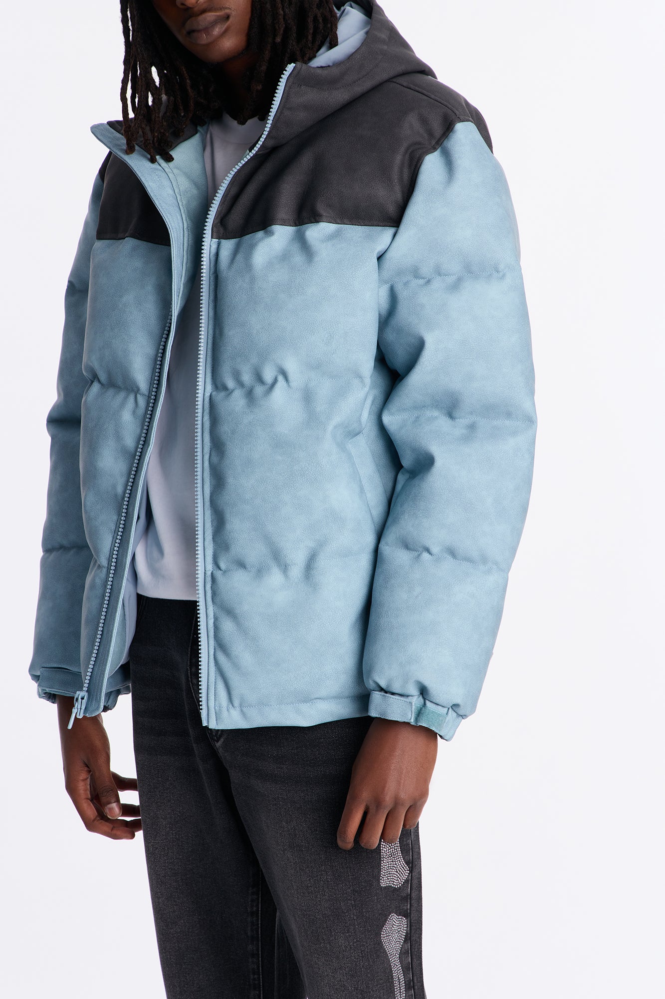 Oversized Hooded Unstoppable Faux Leather Embroidered Puffer Jacket - Blue