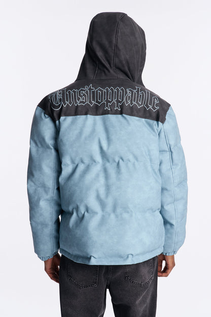 Oversized Hooded Unstoppable Faux Leather Embroidered Puffer Jacket - Blue