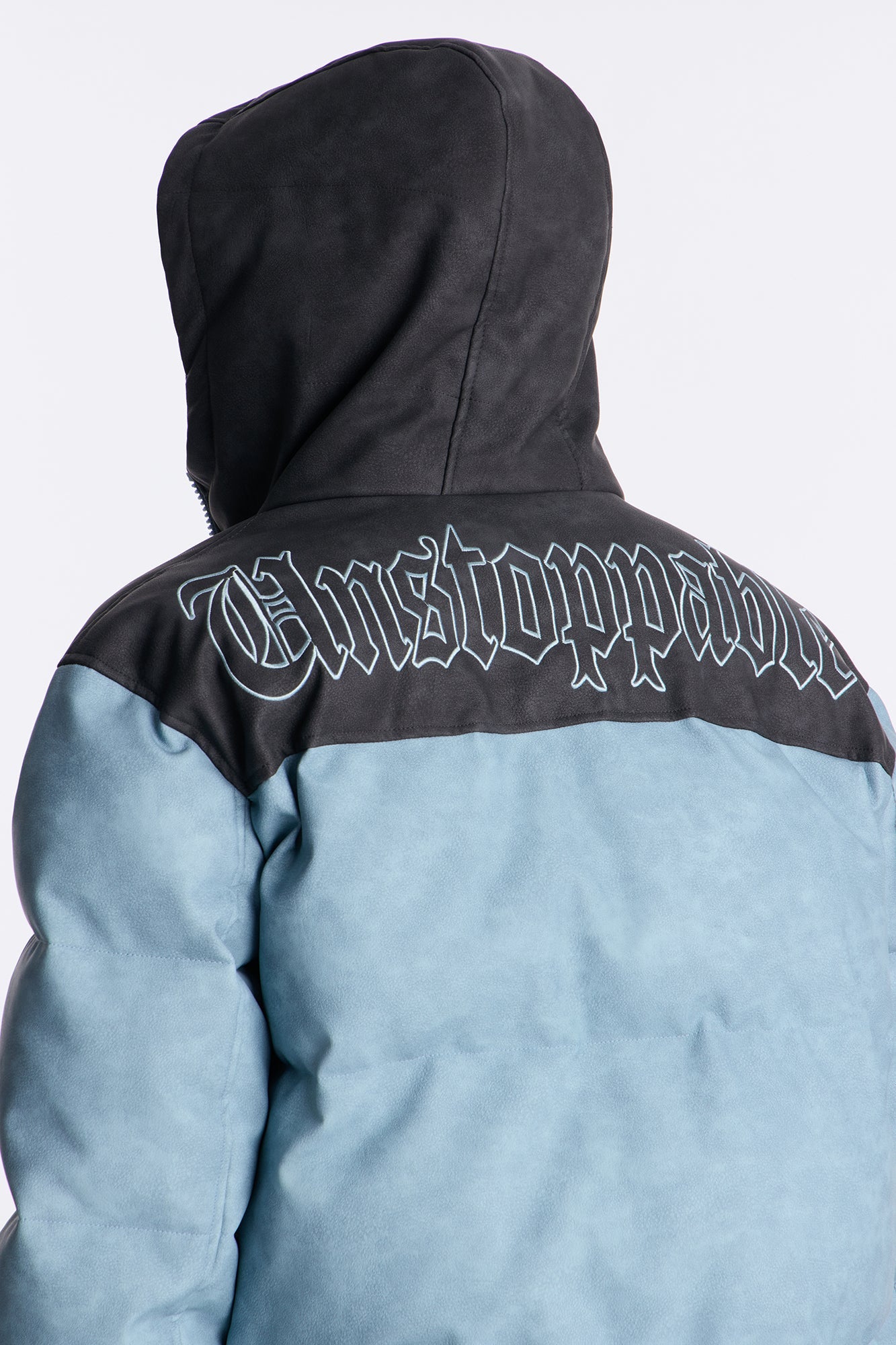 Oversized Hooded Unstoppable Faux Leather Embroidered Puffer Jacket - Blue