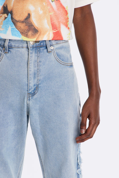 Stacked Slim Flare Fray Panel Jean - Light Blue Wash