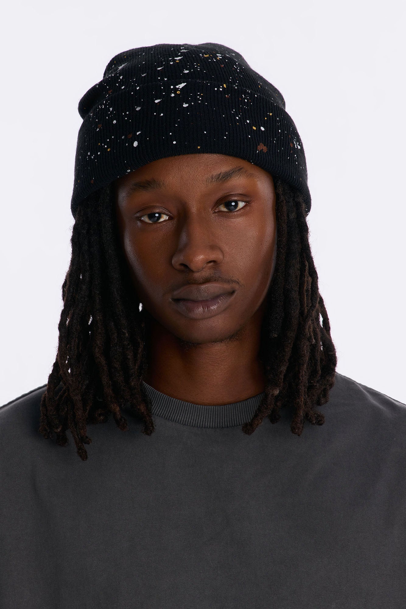 Paint Splatter Fold Over Cuff Beanie - Black