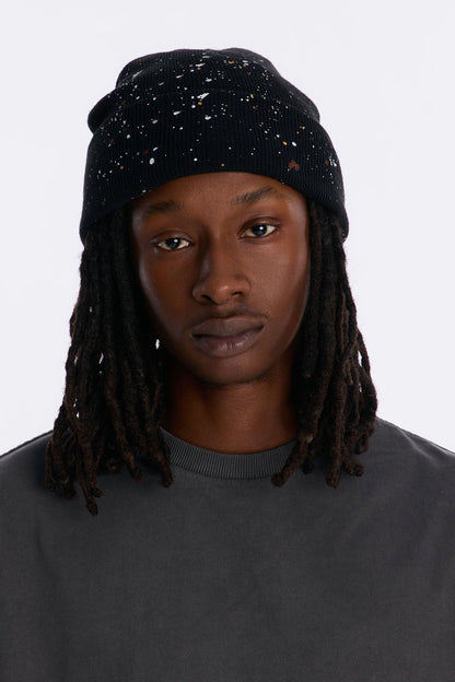 Paint Splatter Fold Over Cuff Beanie - Black