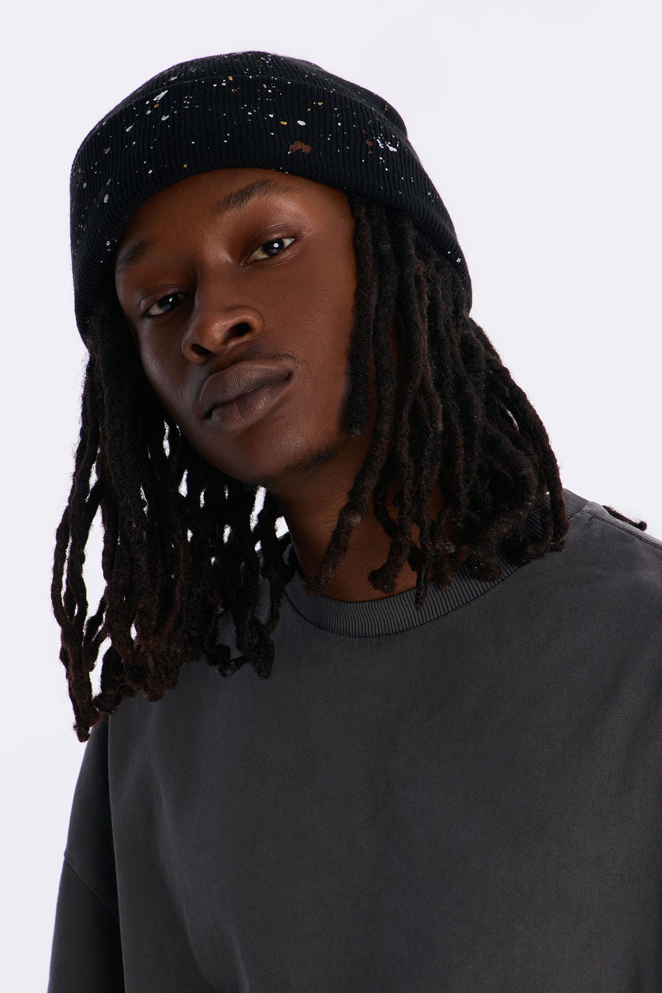 Paint Splatter Fold Over Cuff Beanie - Black