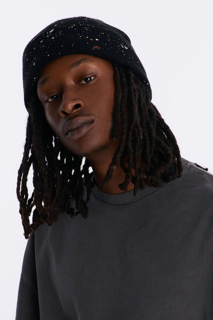 Paint Splatter Fold Over Cuff Beanie - Black