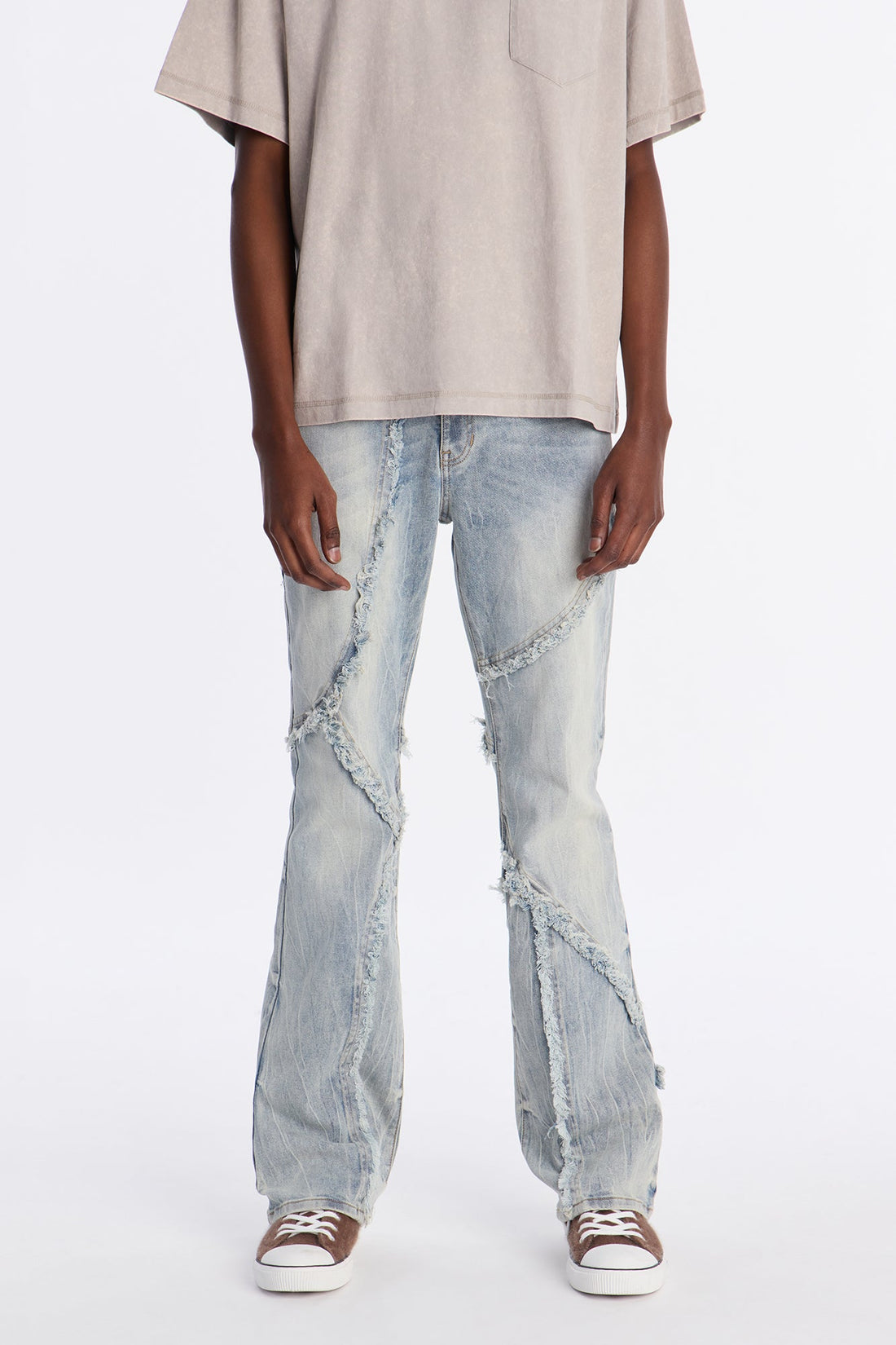 Stacked Skinny Flare Frayed Lines Jean - Light Blue Wash