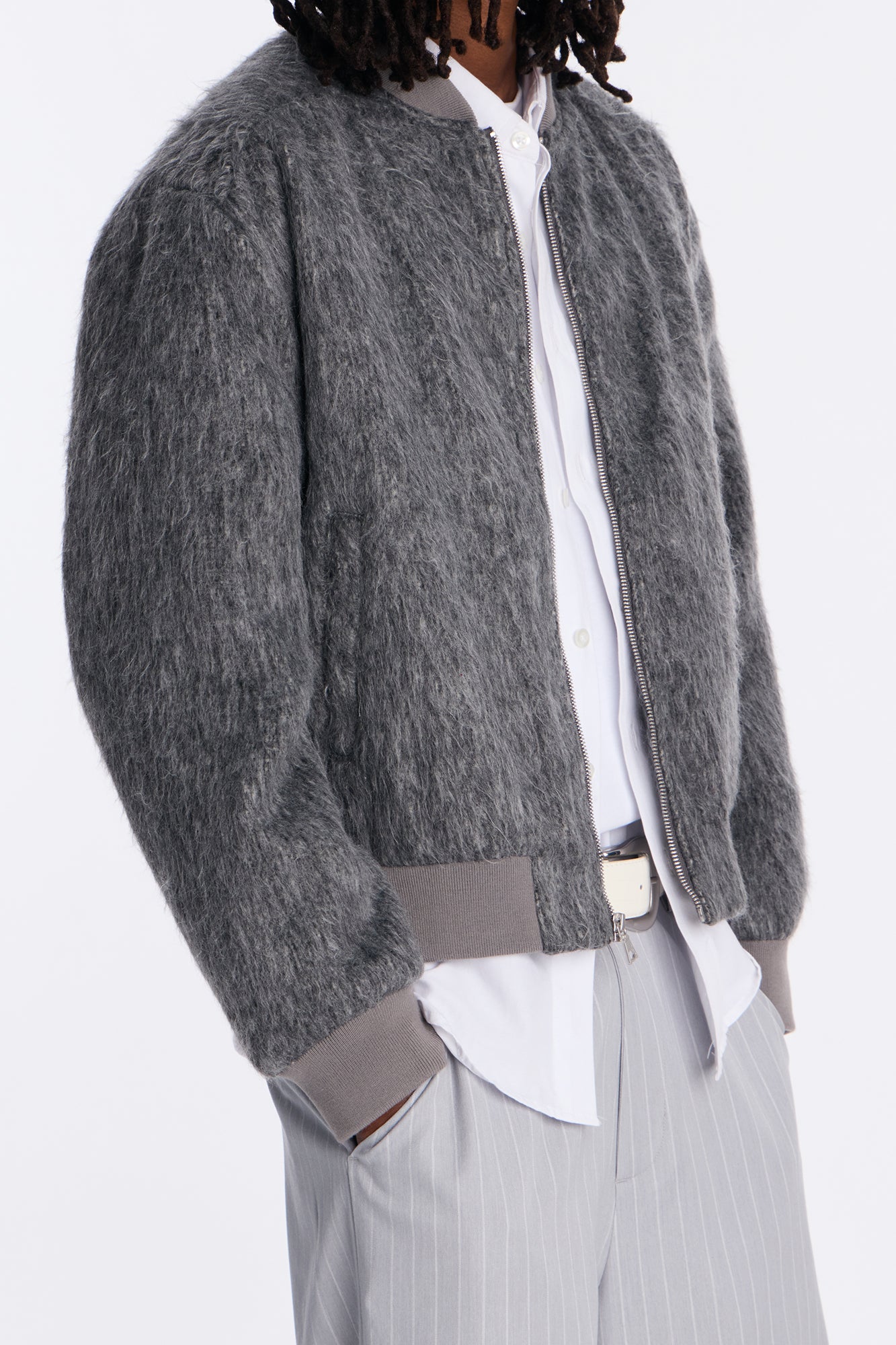 Relaxed Textured Mohair Bomber Jacket - Grey