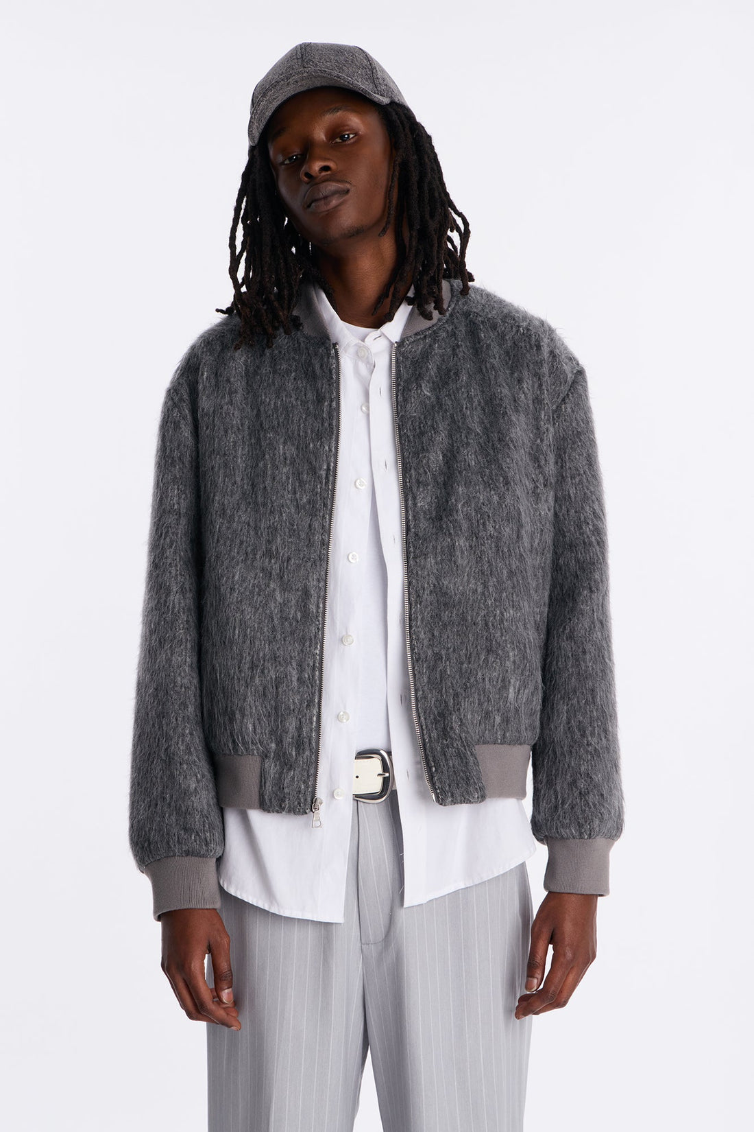Relaxed Textured Mohair Bomber Jacket - Grey
