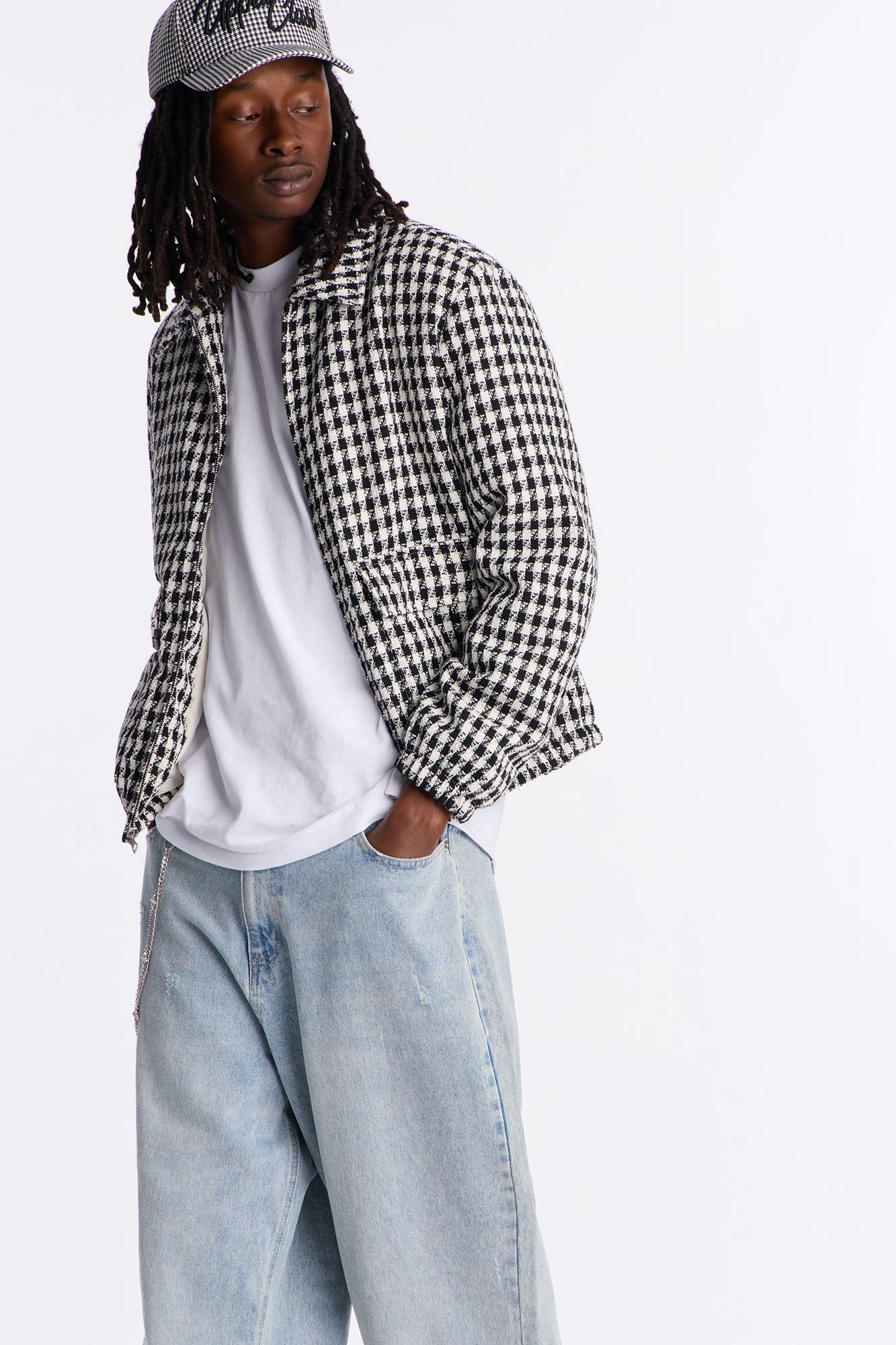 Ludlow Checkered Tweed Padded Bomber Jacket - Black/White