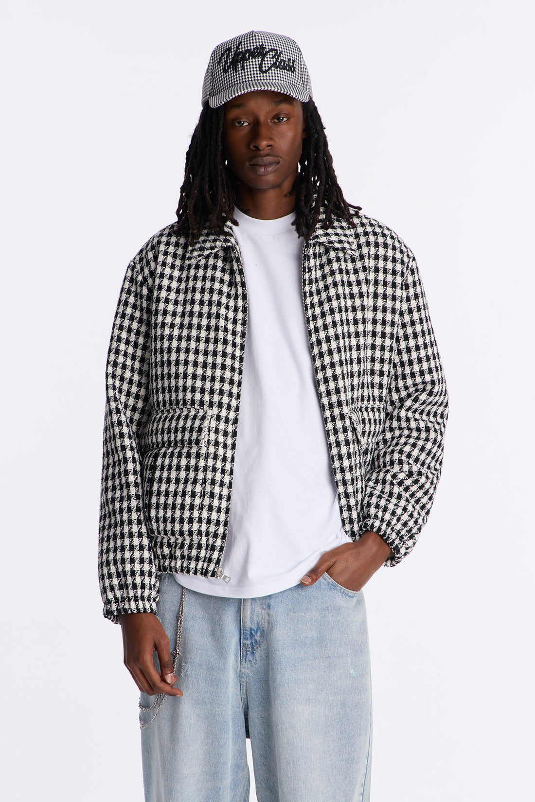 Ludlow Checkered Tweed Padded Bomber Jacket - Black/White