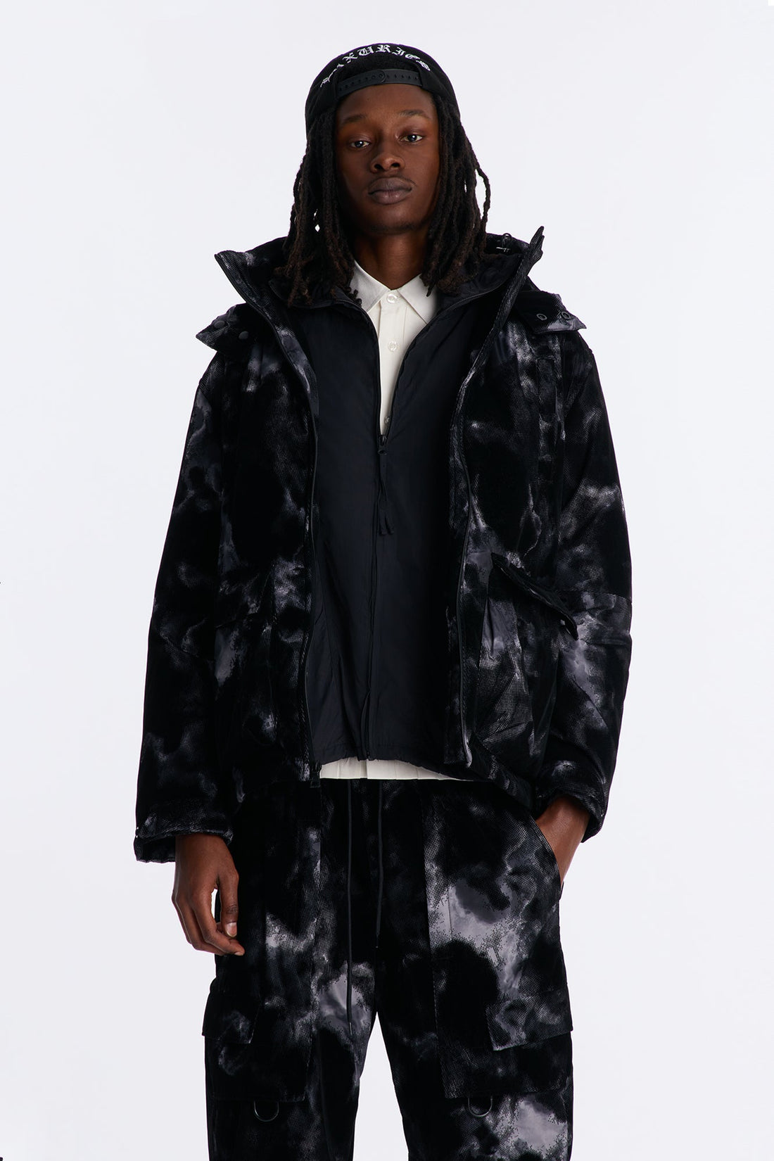 Padded Flocked Marble Ski Jacket - Black