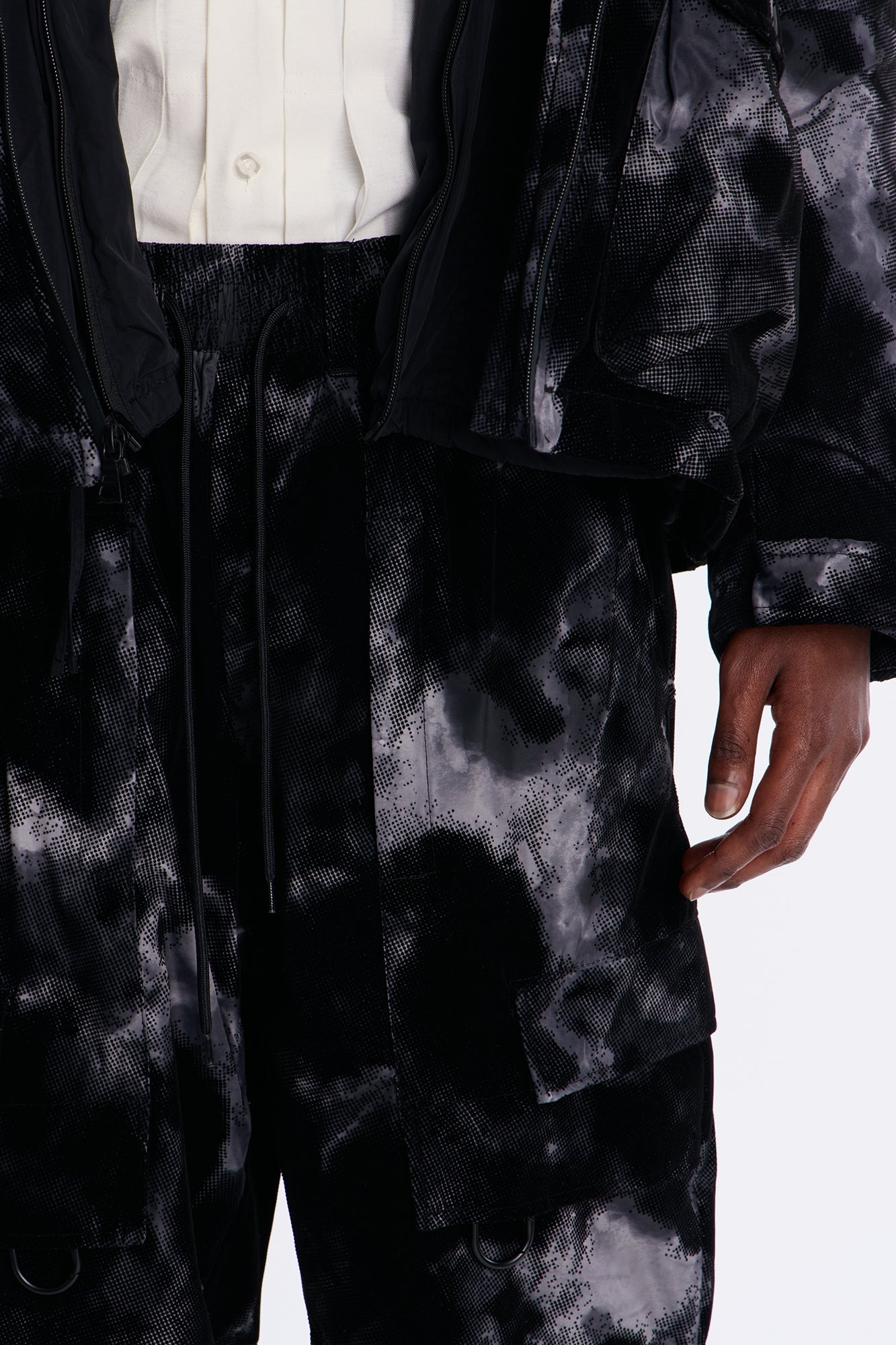 Baggy Flocked Marble Cargo Pant - Black