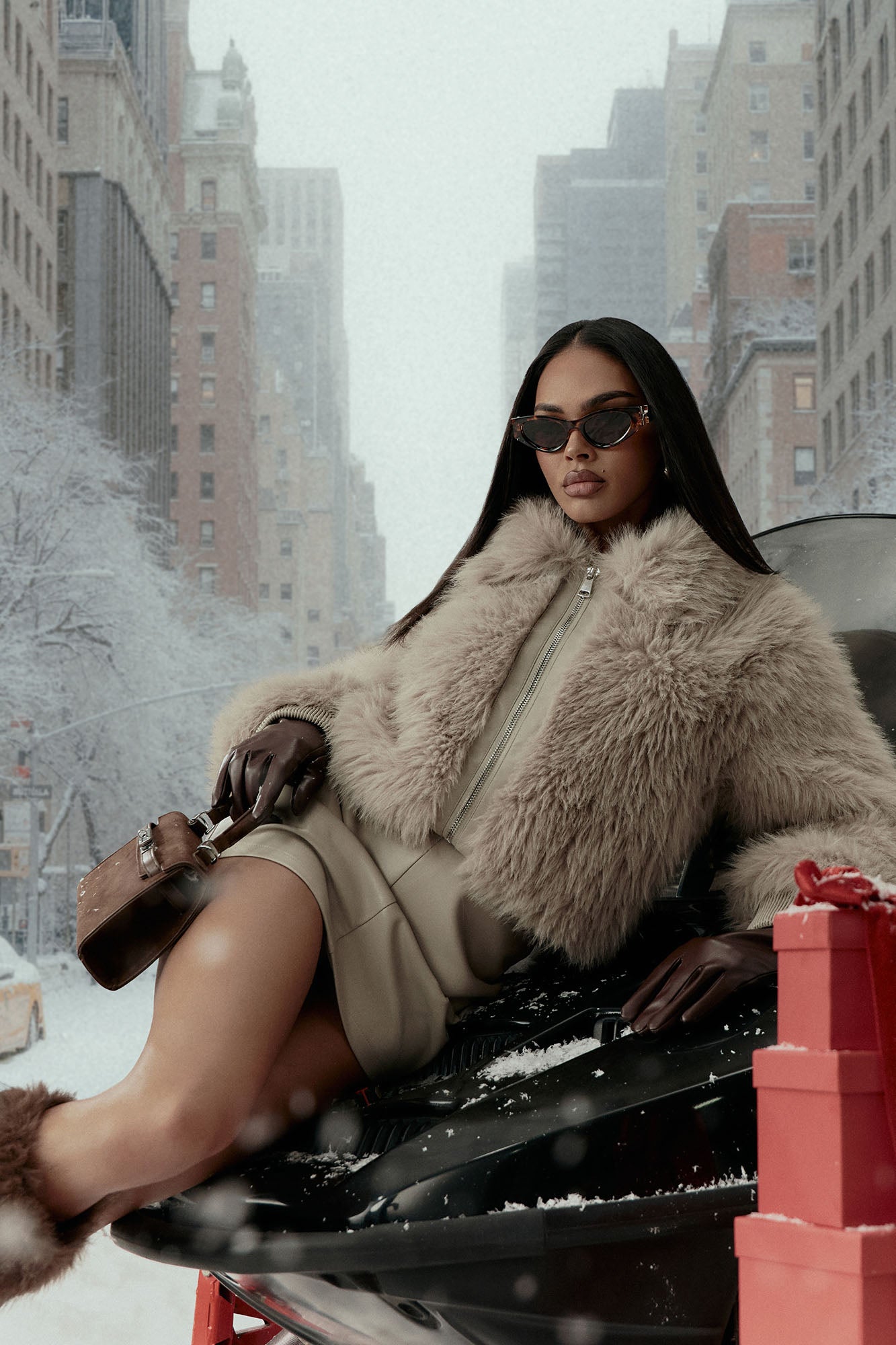 Styled Energy Faux Fur Mini Skirt Set - Taupe