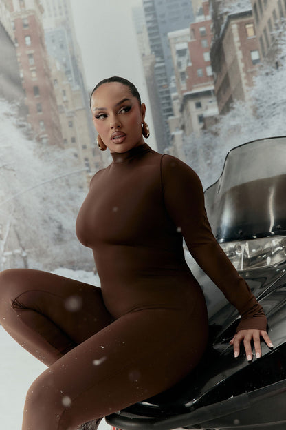 Francesca Mock Neck Footed Catsuit - Chocolate