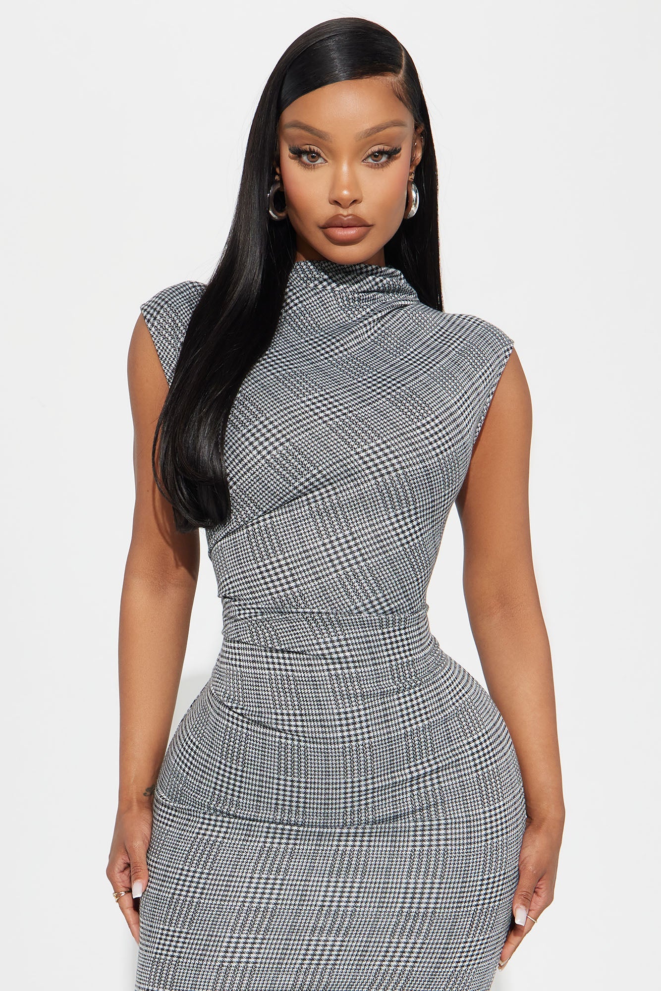 Back In Business Houndstooth Midi Dress - Black/combo