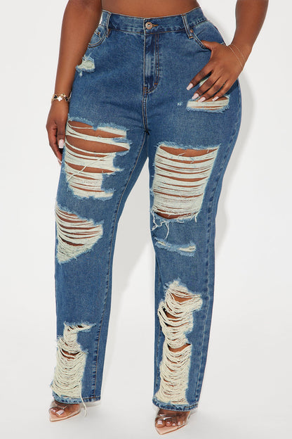 Tapped In Non Stretch Distressed Straight Leg Jeans - Dark Wash
